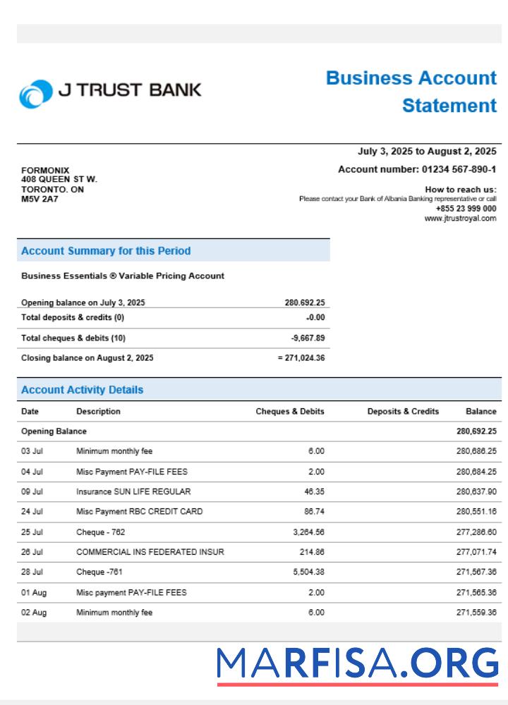 Realistic J Trust Royal business bank company statement Word and PDF format sample